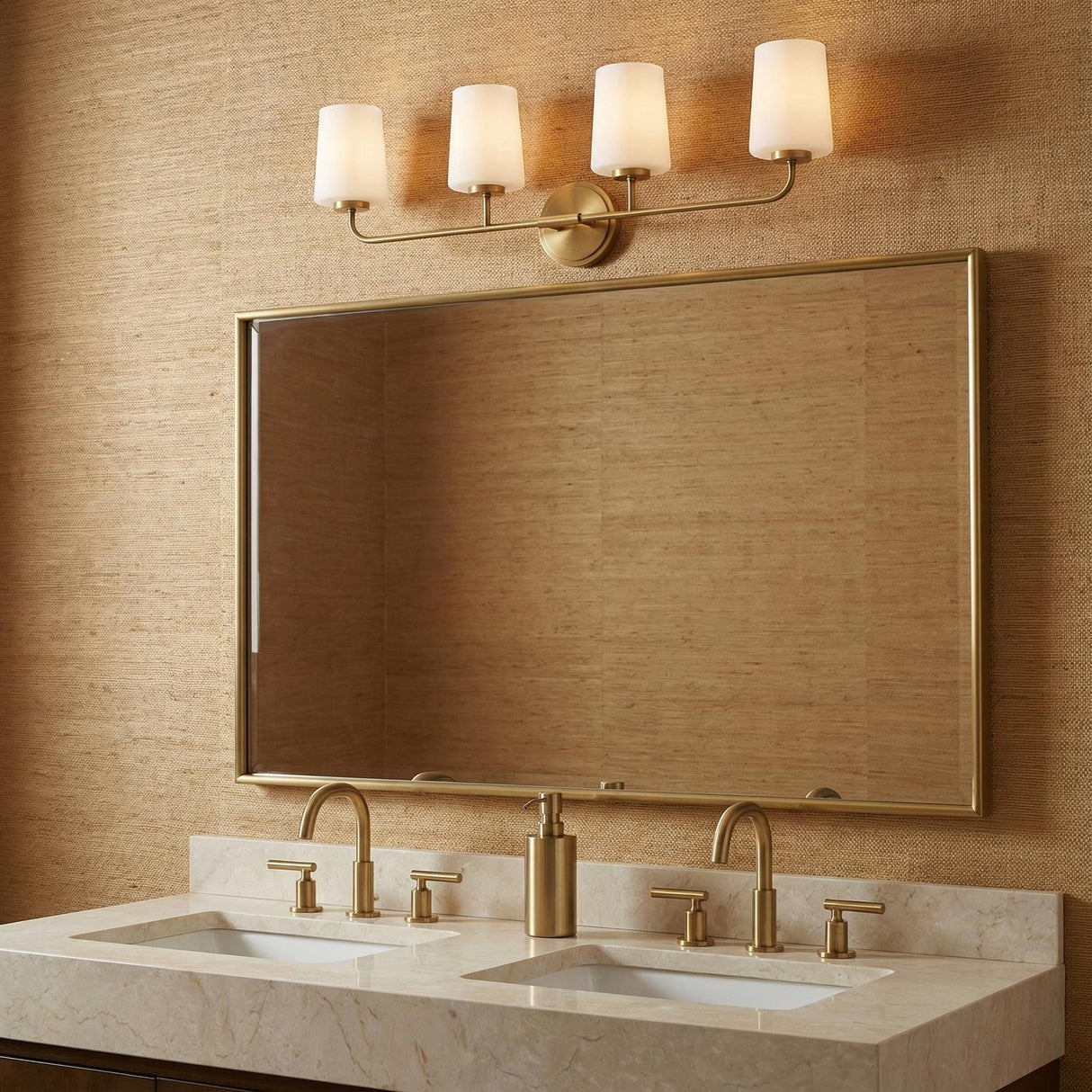 Wyatt 4 Light Vanity, Legacy Brass with Milk Glass
