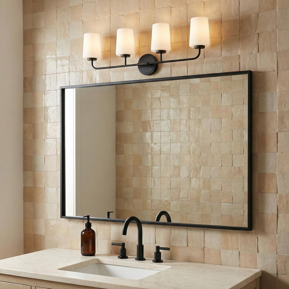 Wyatt 4 Light Vanity, Black with Milk Glass