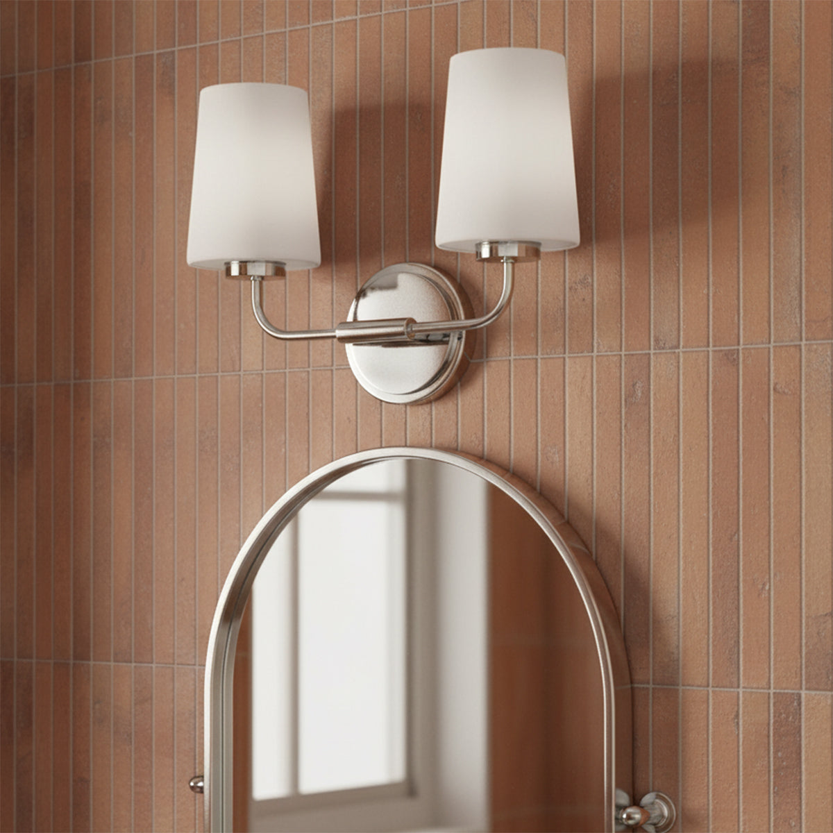 Wyatt 2 Light Vanity, Chrome with Milk Glass for Modern home with Brown Tile