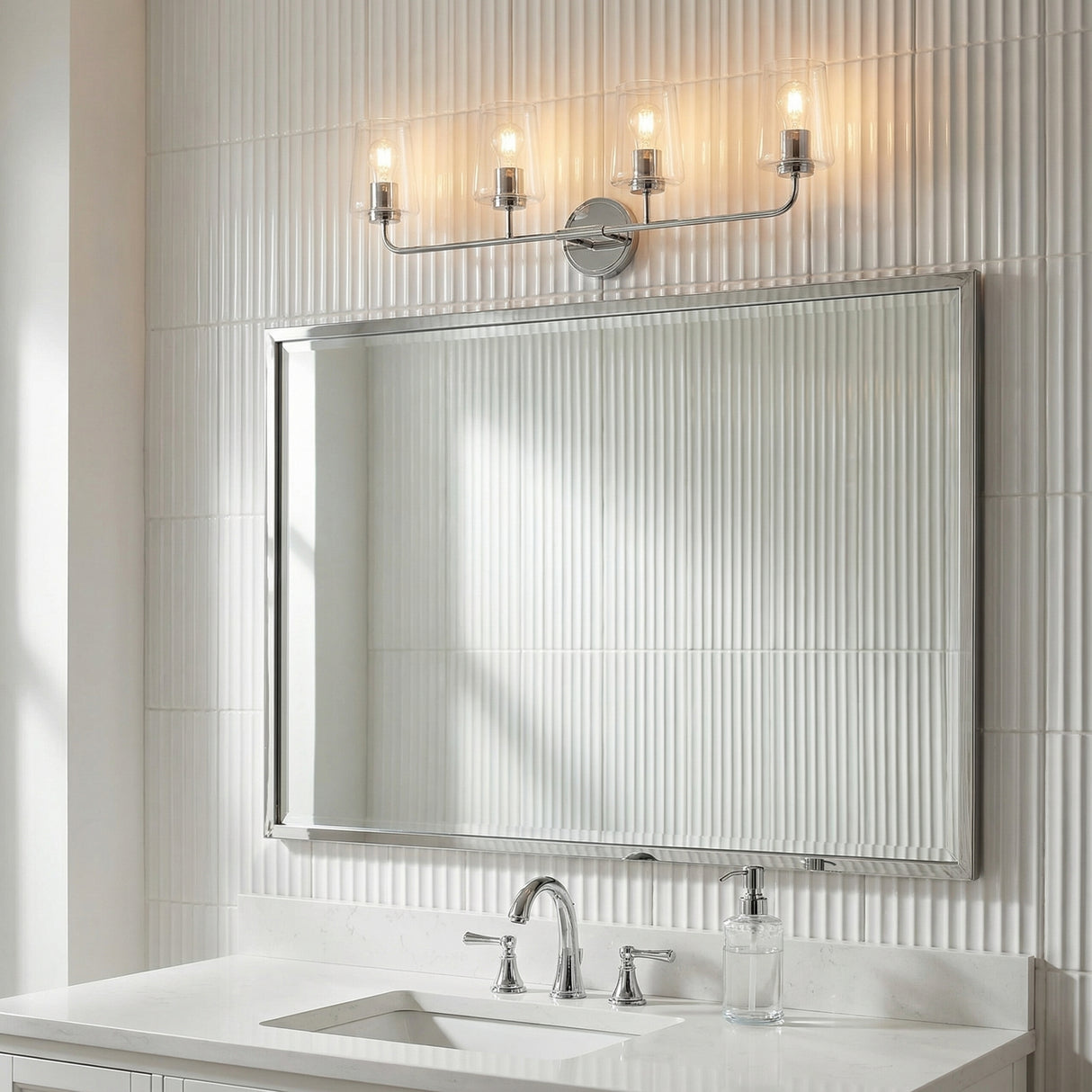 Wyatt 4 Light Vanity, Chrome with Clear Glass for Modern home with White Tile