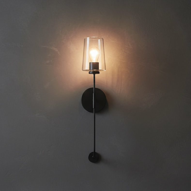 Wyatt Wall Sconce 23, Black with Clear Glass for Modern home with Dark Gray Textured Walls
