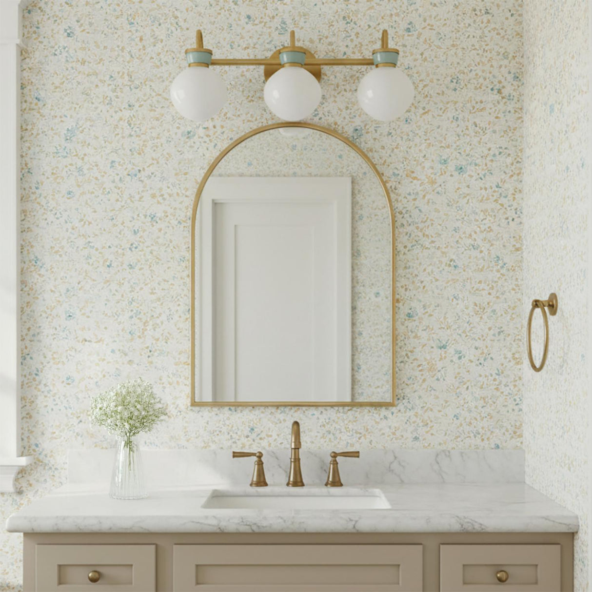 Piper 3 Light Vanity, Satin Brass and Aquaverde