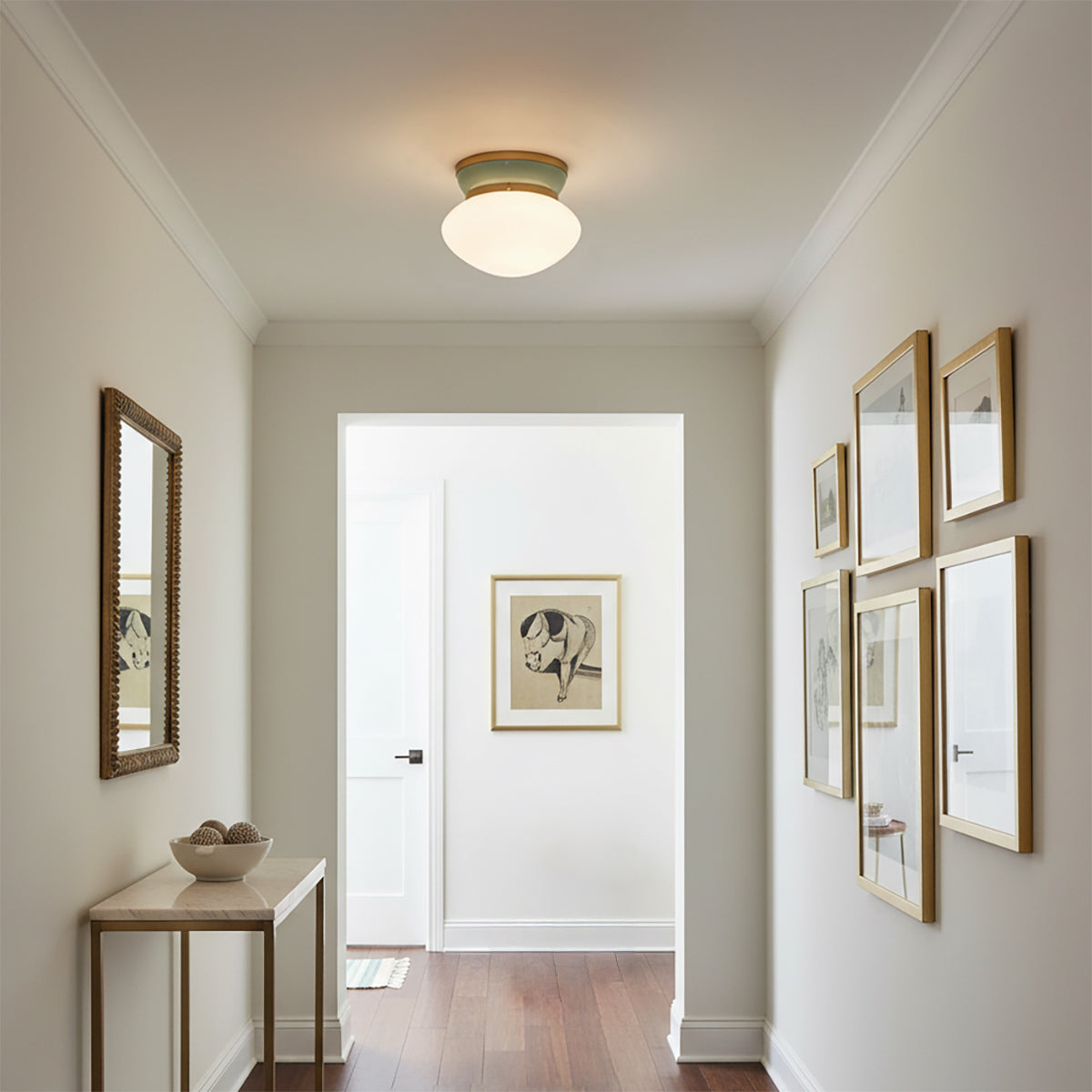 Piper Flush Mount 12, Satin Brass and Aquaverde - Flush mount ceiling light in a hallway