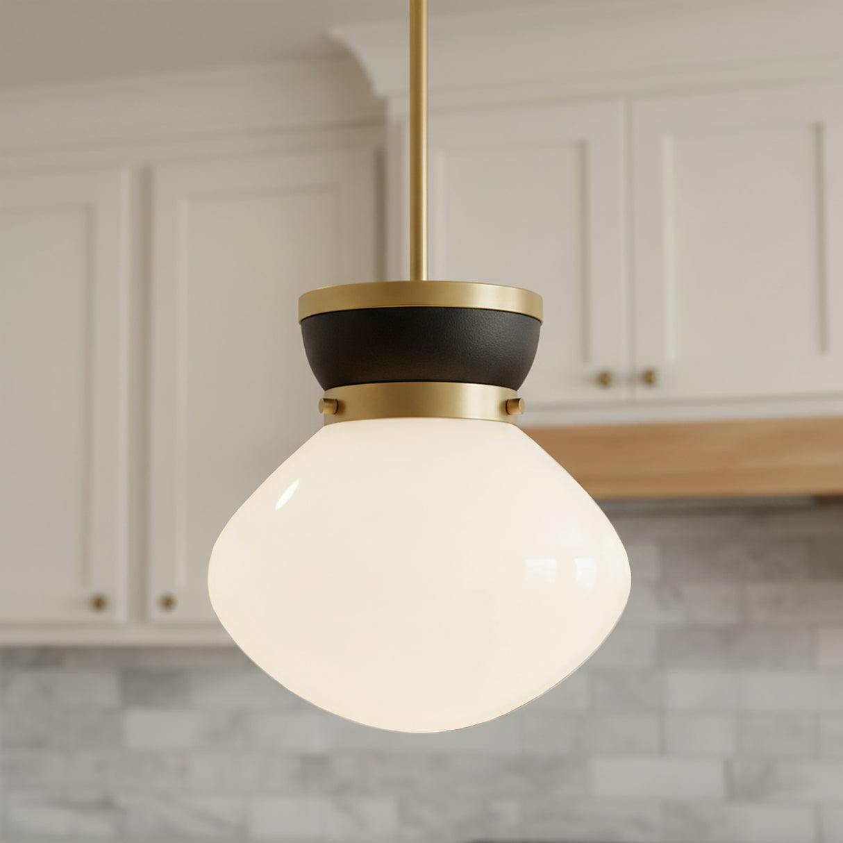 Piper Small Pendant 10, Satin Brass and Black for Modern home with White Shiplap