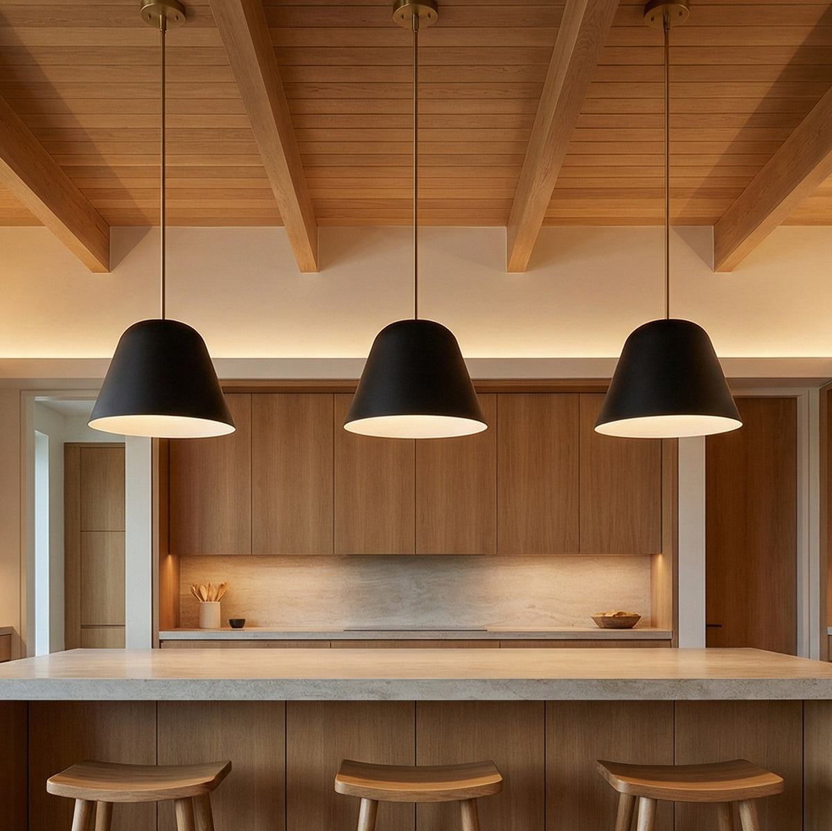 Ursa Pendant 16, Matte Black and Satin Brass for Modern home with Natural Wood