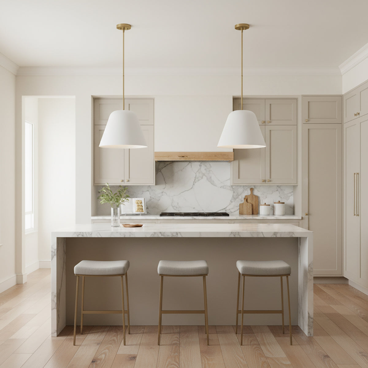 Ursa Pendant 16, Matte White and Satin Brass for Modern home with White Shiplap