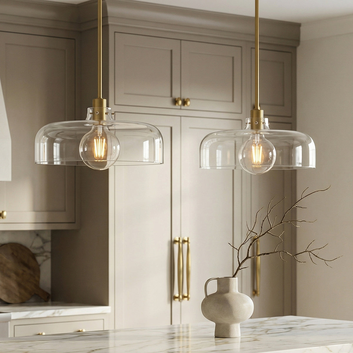Alder Pendant 15", Satin Brass with Clear Glass for Modern Farmhouse home with Warm Beige Cabinetry