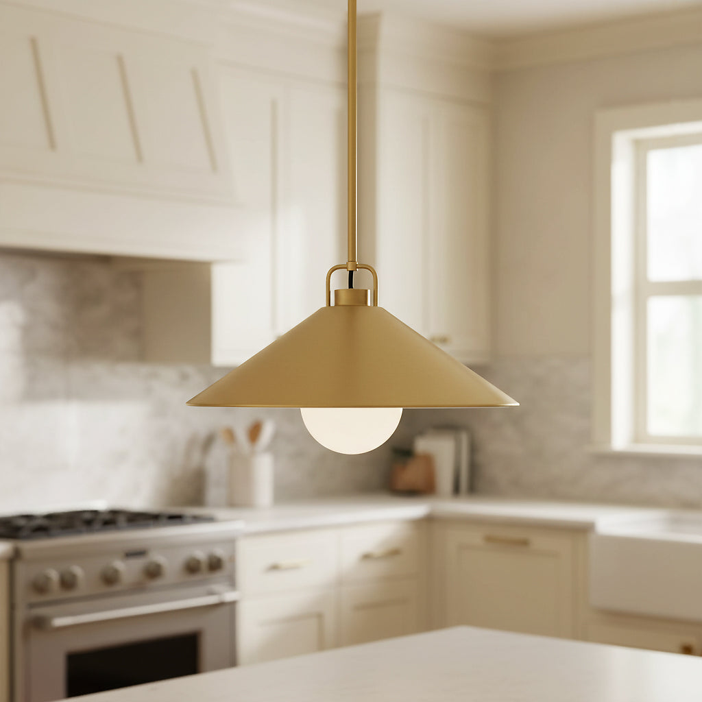 Nyra Pendant 16, Satin Brass for Modern Farmhouse home with Cream Shiplap