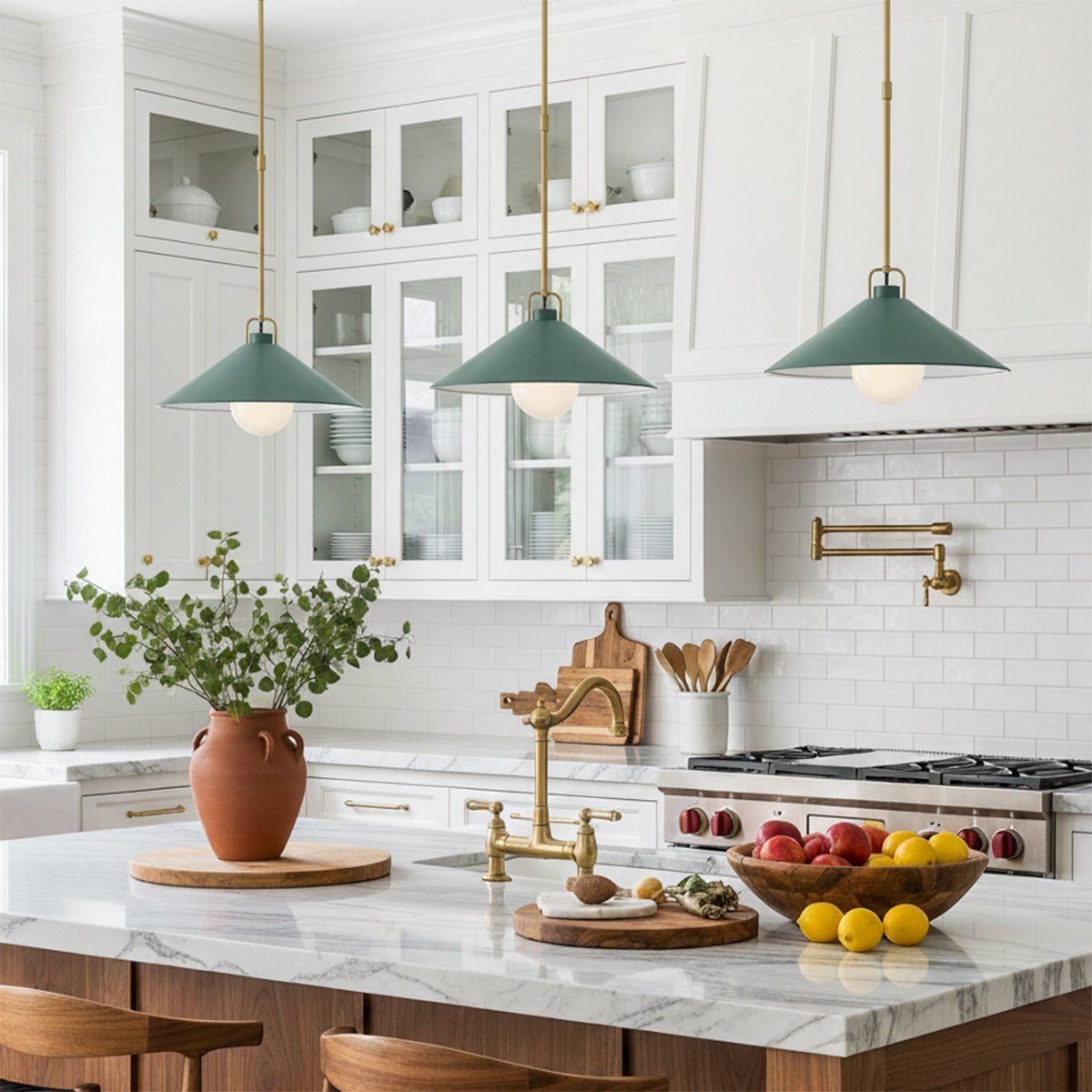 Nyra Pendant 16, Satin Brass and Eucalyptus Green for Modern Farmhouse home with White Shiplap