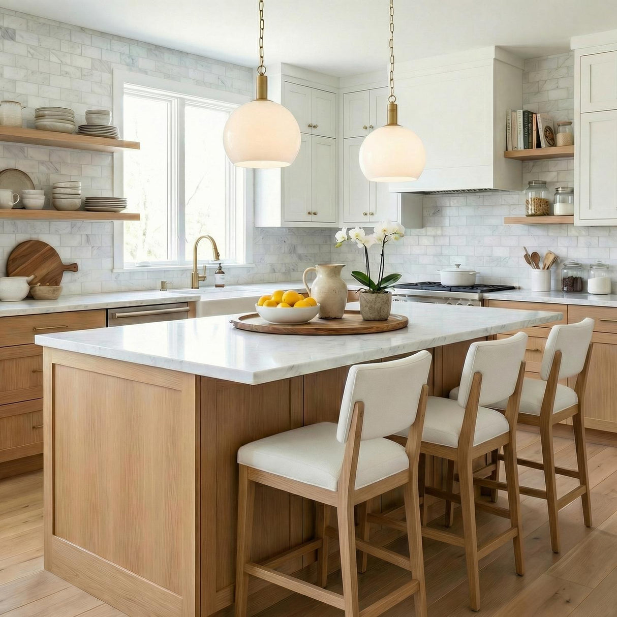 Orb Pendant 13", Satin Brass globe Pendant in a Transitional Kitchen with a white marble island.