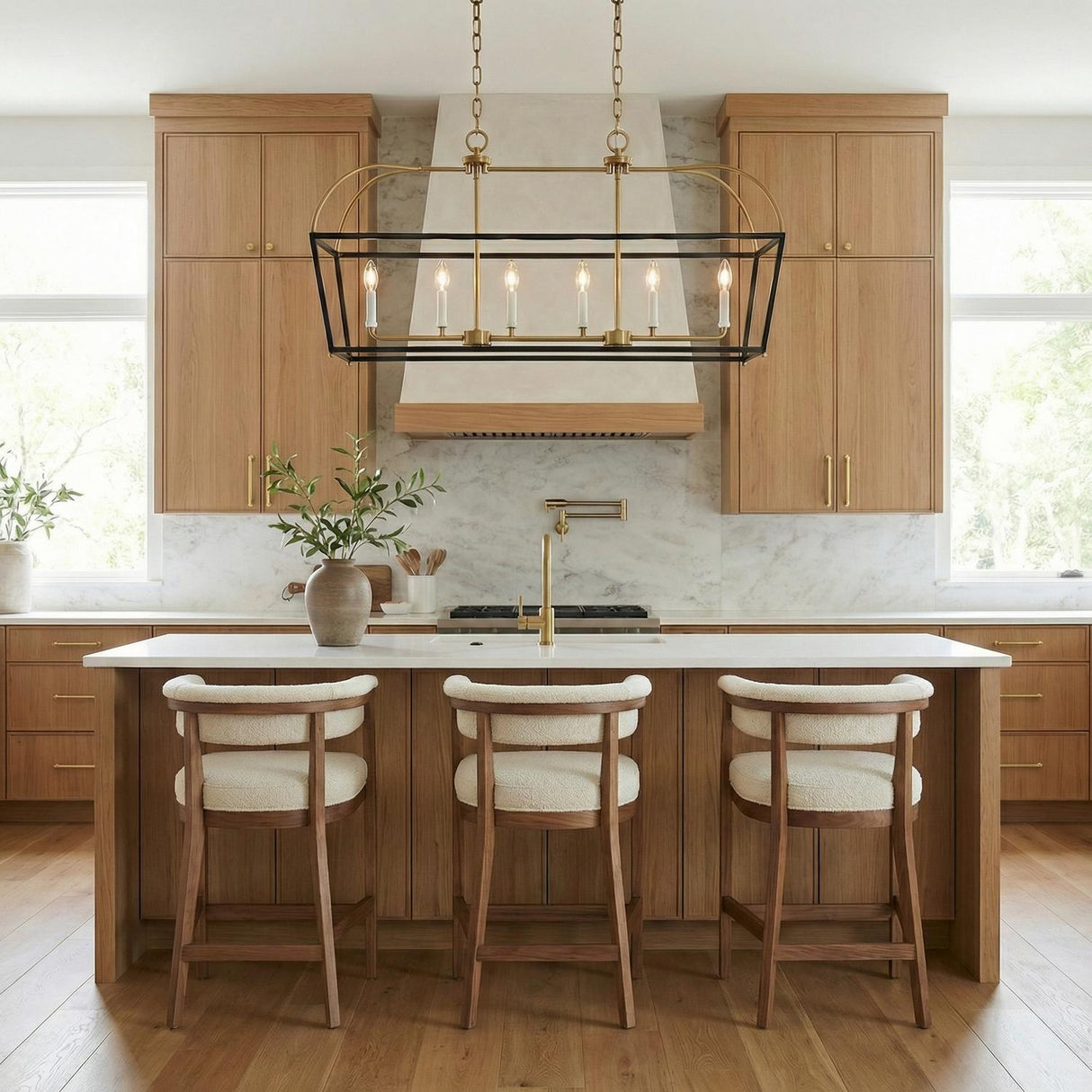 Langford Linear Lantern Pendant, Black and Satin Brass linear pendant in a Modern Farmhouse Kitchen with a white marble island.