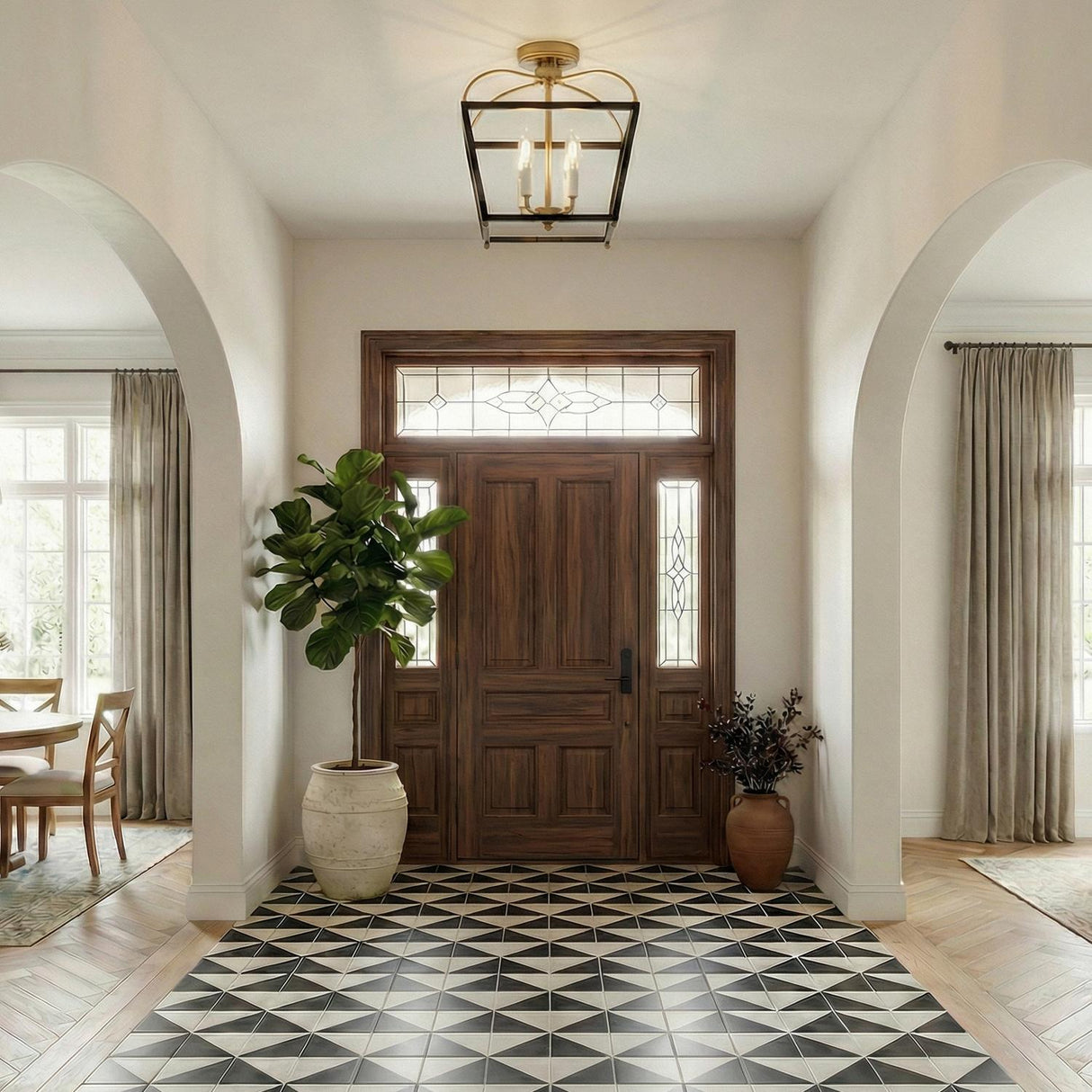 Langford Semi-Flush 13", Black and Satin Brass geometric Flush Mount in a Transitional Entryway with patterned tile floor and a fiddle-leaf fig.