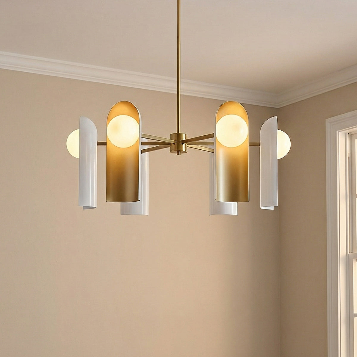 Kassidy 6 Light Chandelier 30", White and Satin Brass for Modern home with White walls