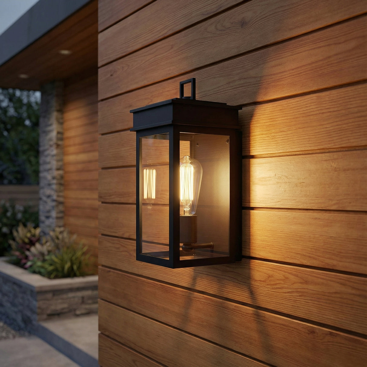 Monterey Outdoor Wall Light, Small 13" Black for Modern Farmhouse home with Natural Wood Siding