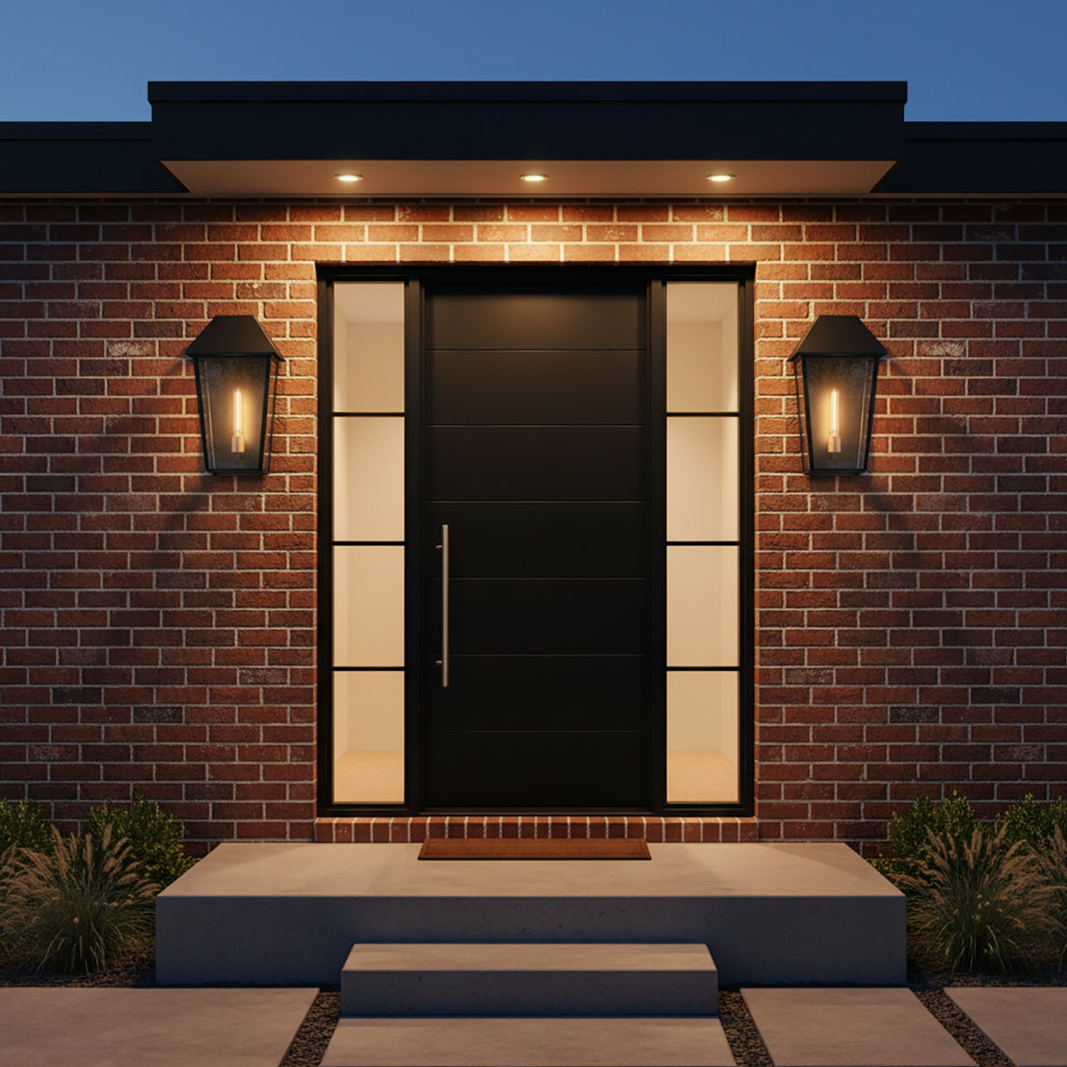 Lorimor Outdoor Wall Light, Large 19" Black - Two black outdoor wall lights flanking a modern black door.