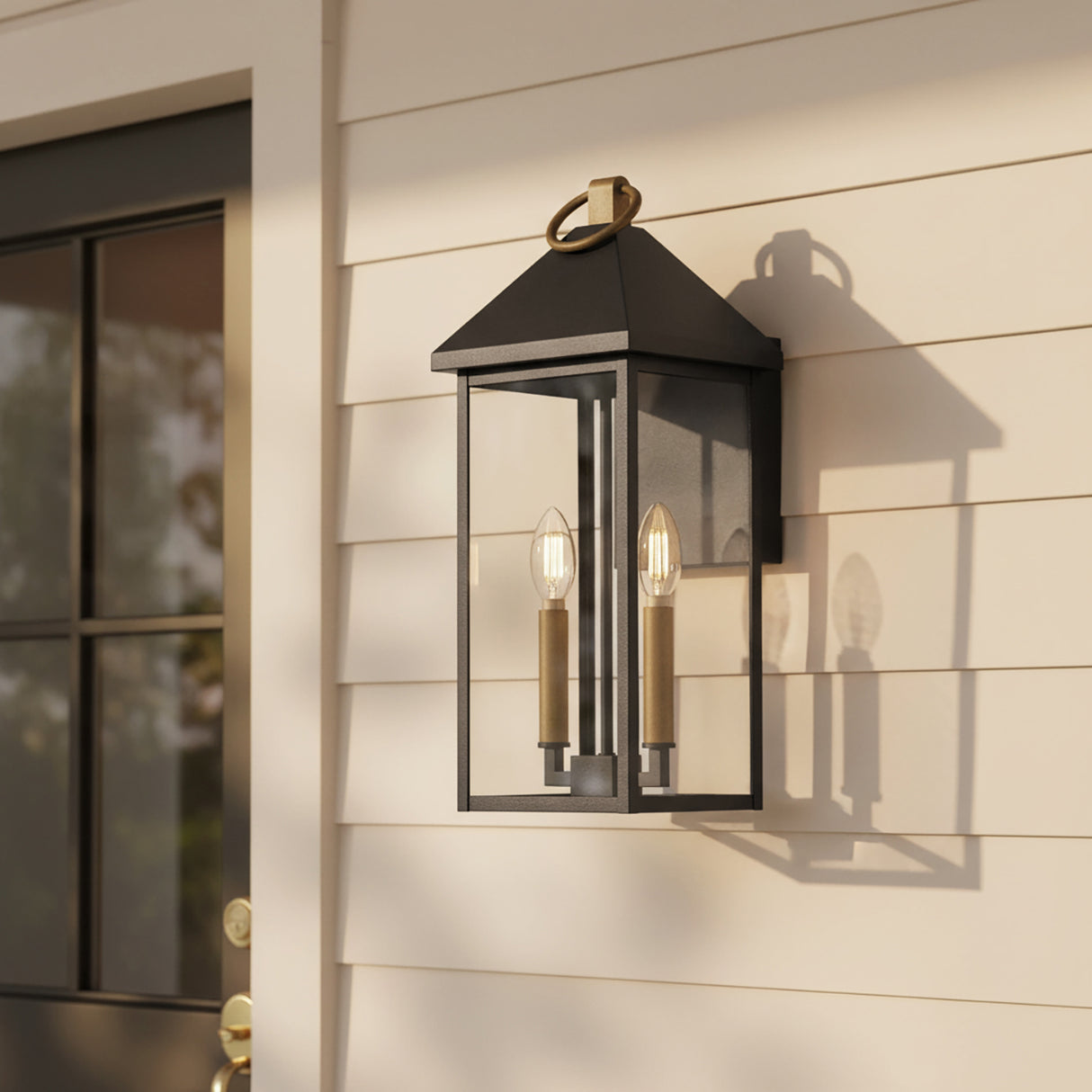 Jameson Outdoor Wall Light, Medium 18" Black with Brass Accents for Modern Farmhouse home with White Siding