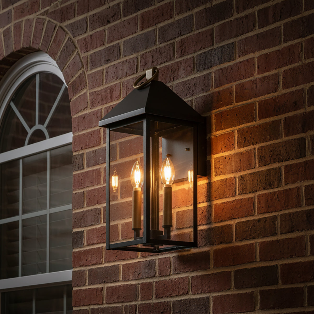 Jameson Outdoor Wall Light, Medium 18" Black with Brass Accents for Traditional home with Brown Brick