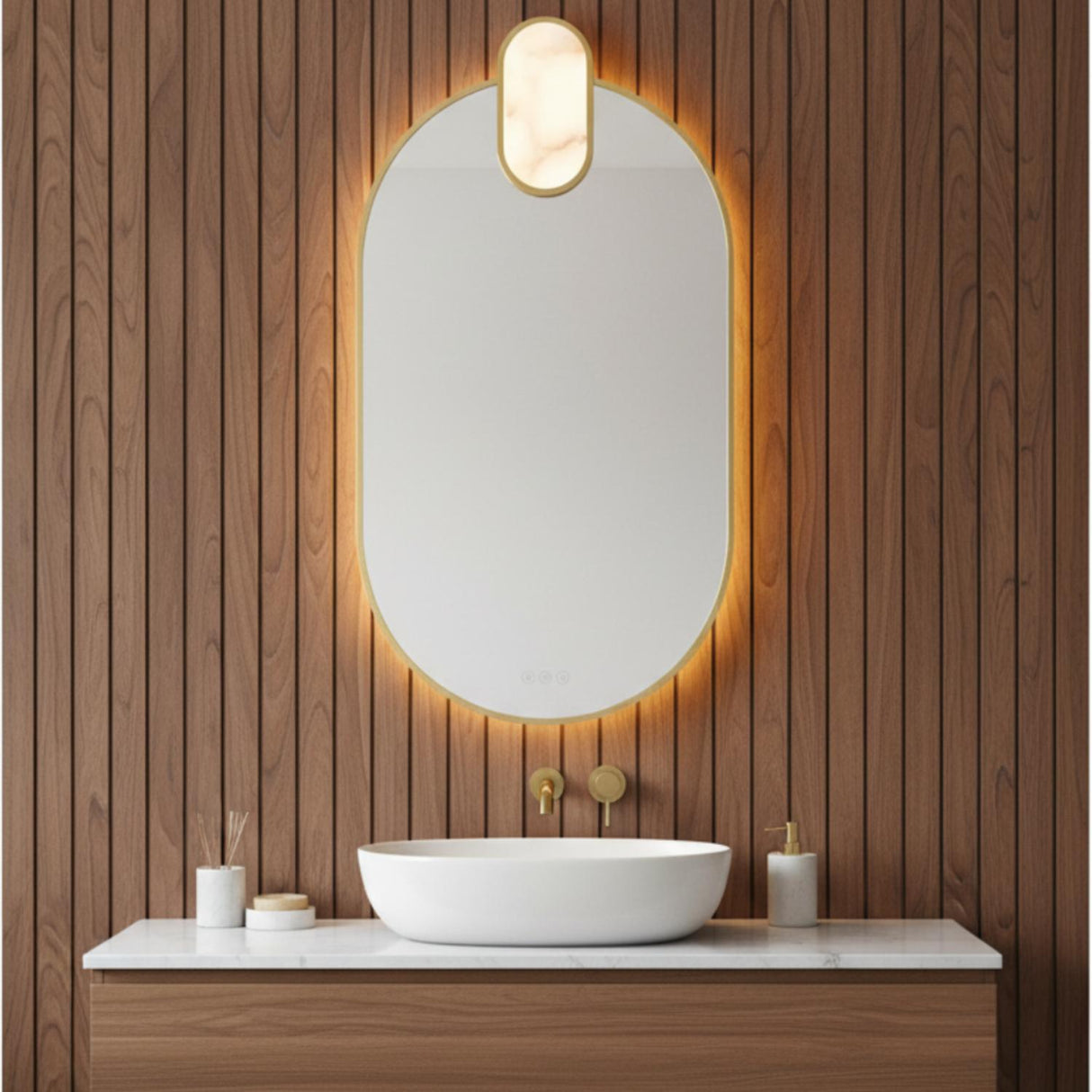 Palmer Medium LED Oval Mirror 21" x 39", Satin Brass and Alabaster