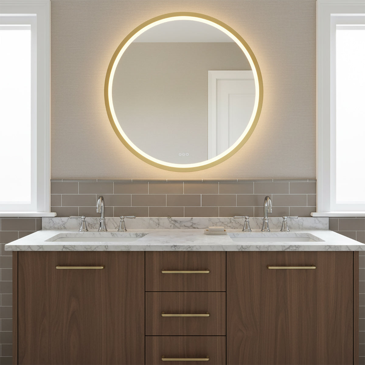 Norma Large LED Round Mirror 42" x 42", Brushed Brass - A bathroom vanity with a round LED mirror