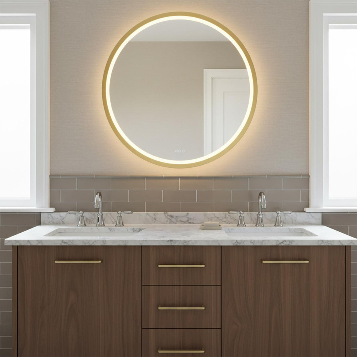 Norma Large LED Round Mirror 42" x 42", Brushed Brass