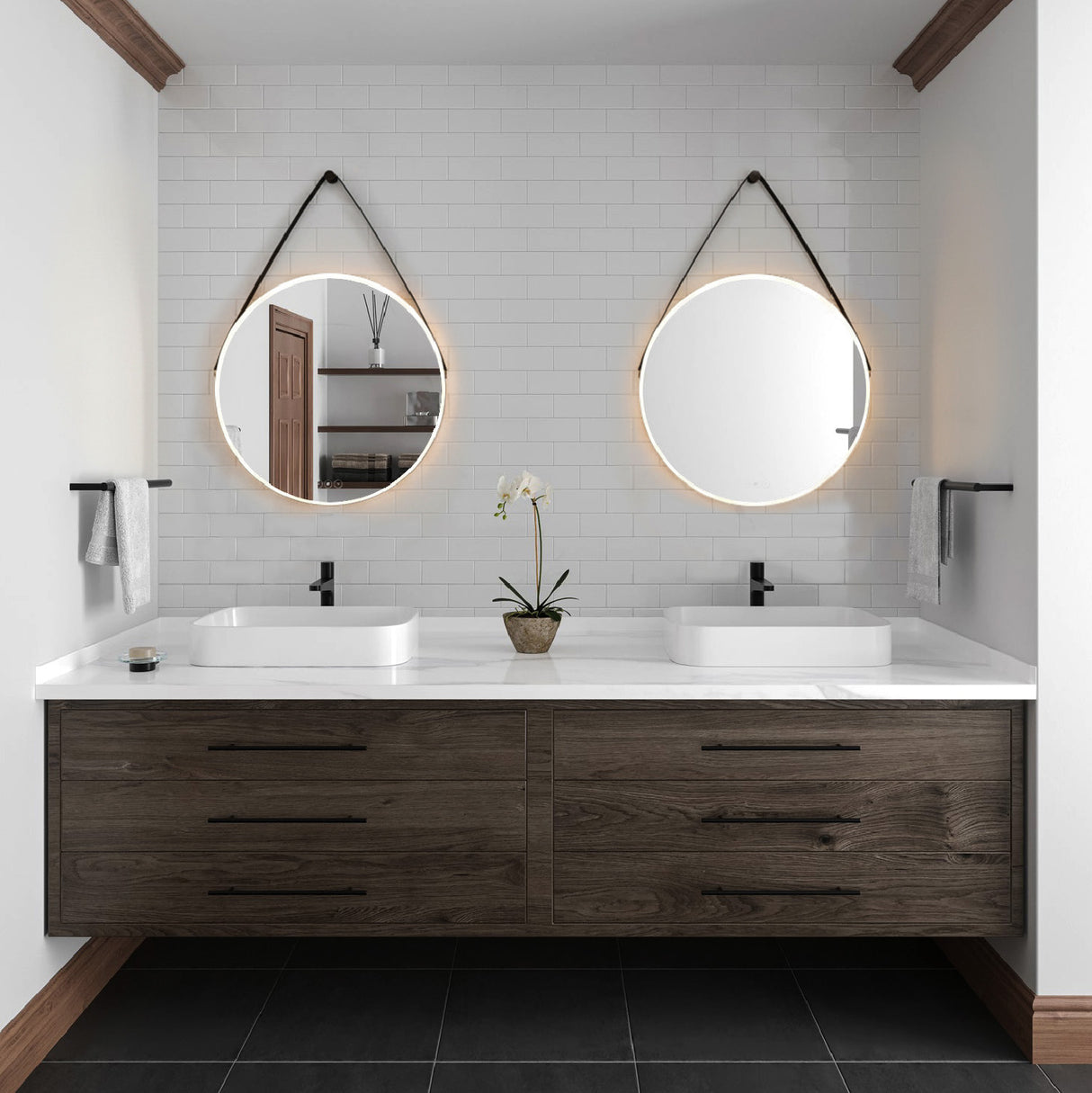 Merrison Round LED Mirror 24" x 24", Black Leather Strap