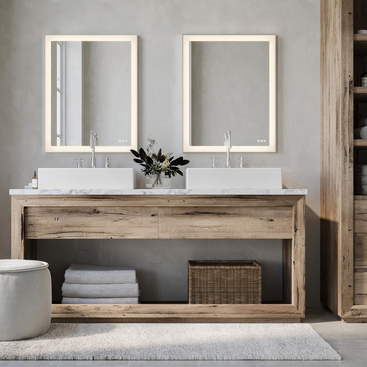 Demott Large LED Rectangular 28" x 36", in Brushed Nickel, features defogger, touch dimming, and selectable light color.