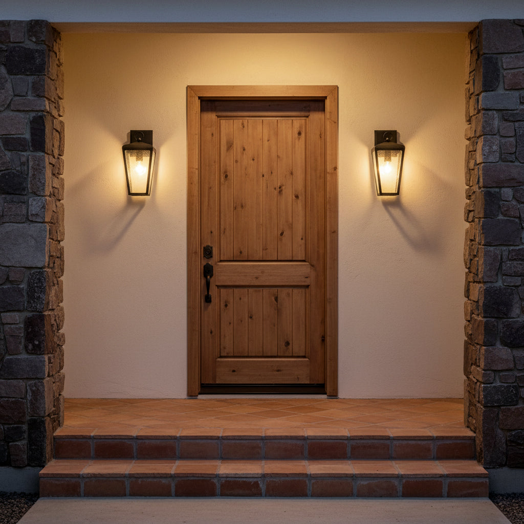 Barrett Outdoor Wall Light, Small 16" Textured Black - Two textured black wall lanterns illuminate a natural wood door flanked by stone pillars.