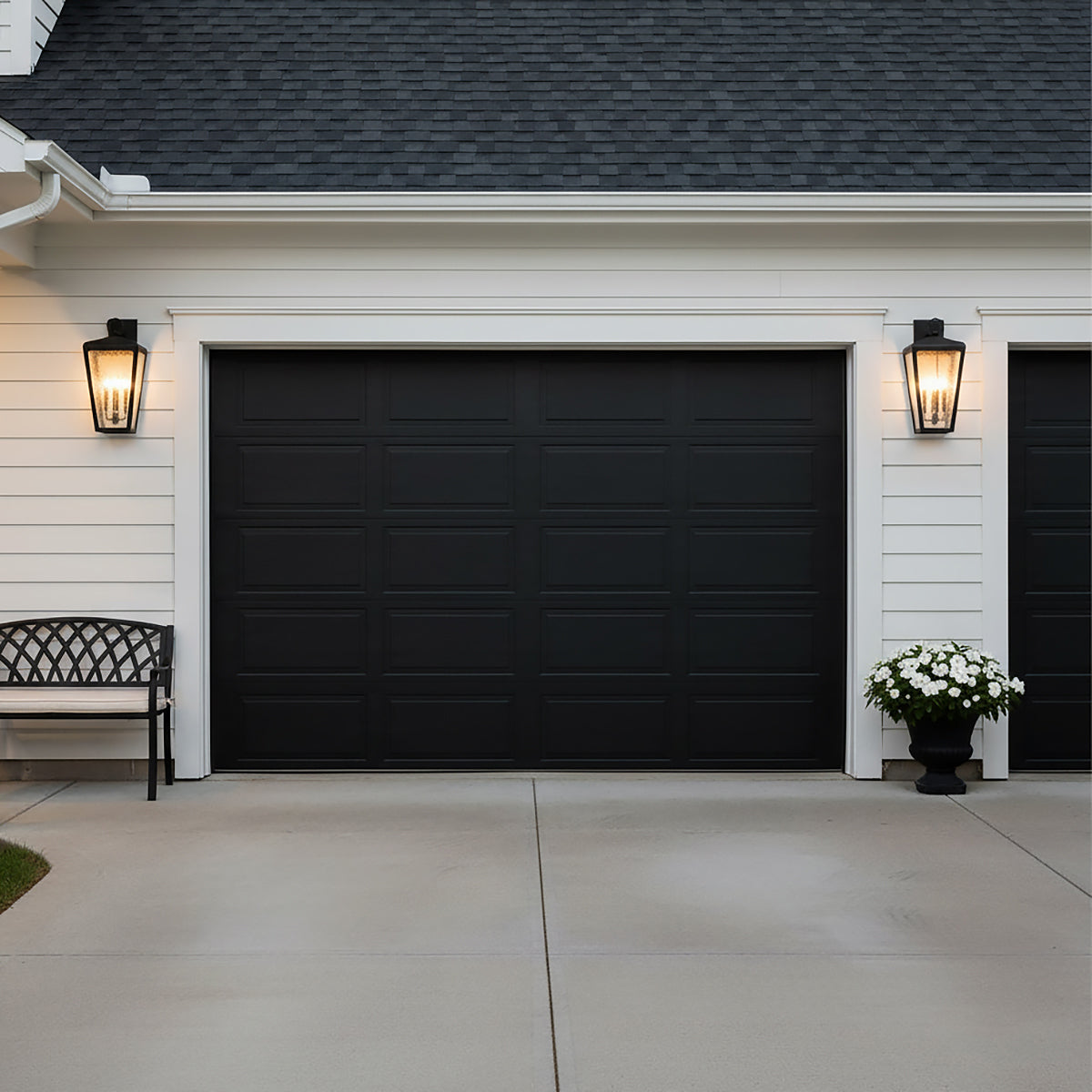 Barrett Outdoor Wall Light, Large 26" Textured Black - Garage with two outdoor wall lights