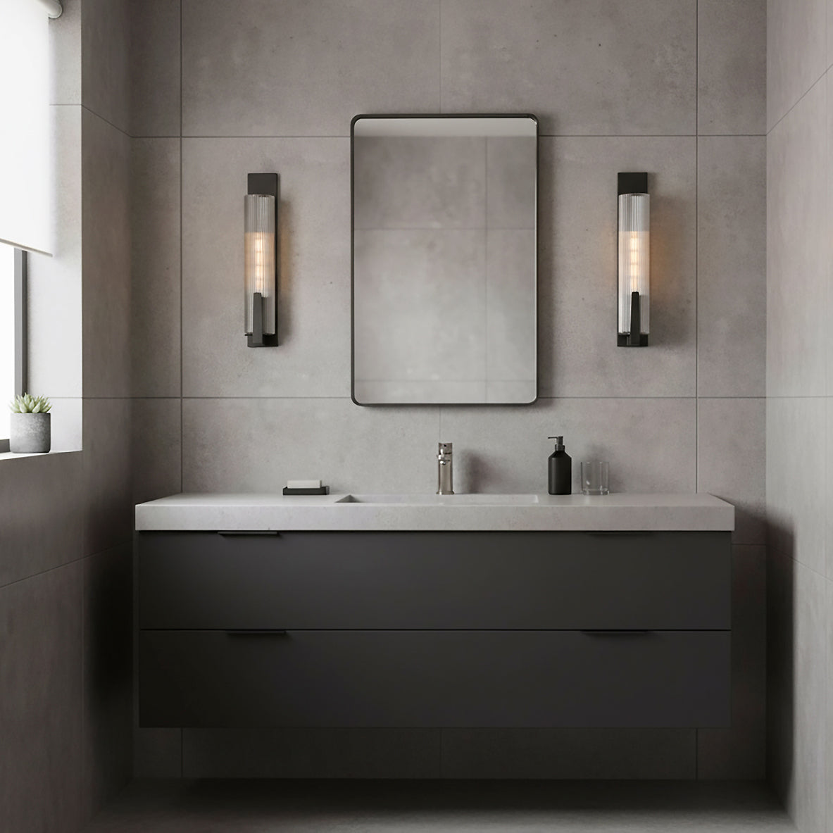 Stratton Wall Sconce 20", Forged Iron - Two sconces flanking a mirror above a bathroom vanity in a modern grey room