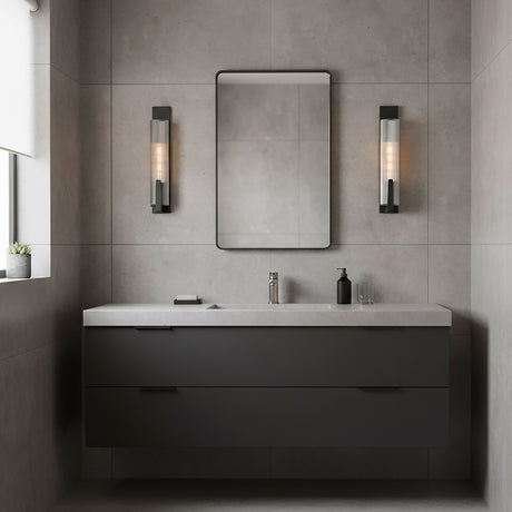 Stratton Wall Sconce 20", Forged Iron - Two sconces flanking a mirror above a bathroom vanity in a modern grey room