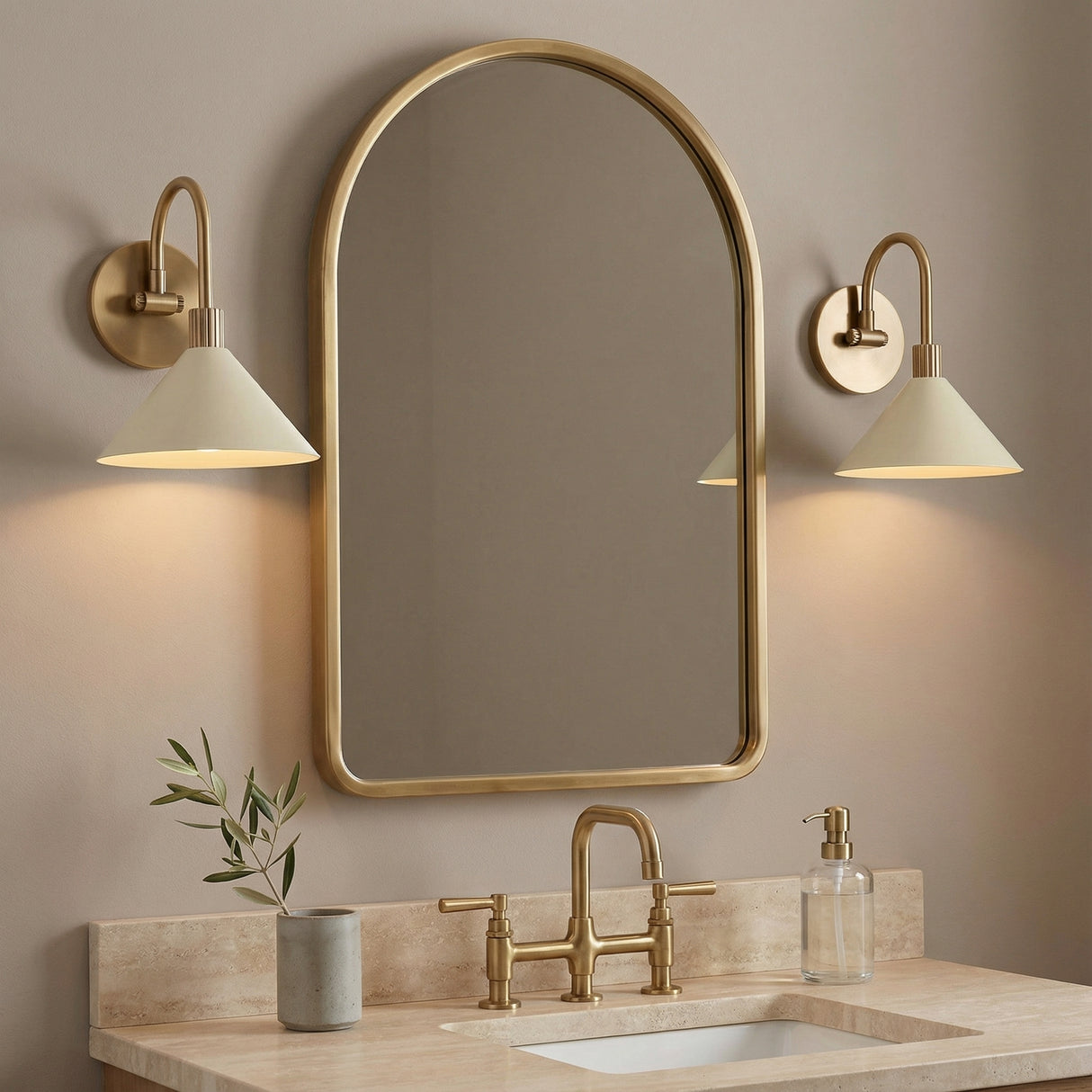 Fletcher Wall Sconce 10 in Patina Brass and Soft Sand for Transitional home with Warm Beige Walls