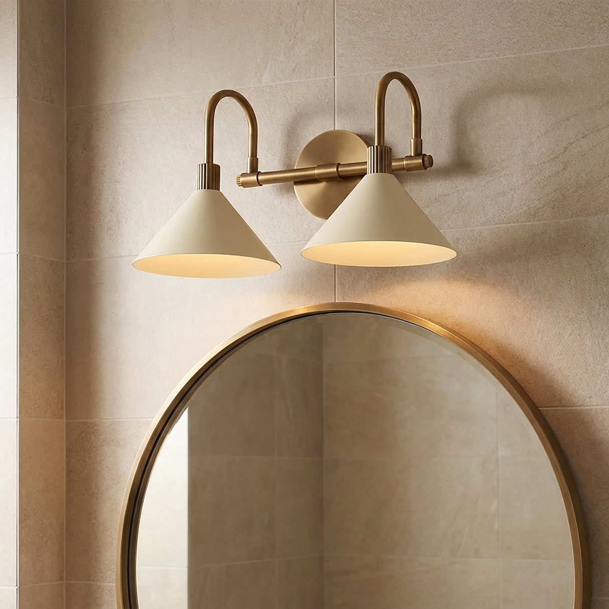 Fletcher 2 Light Vanity, Patina Brass and Soft Sand for Modern home with Beige Tile