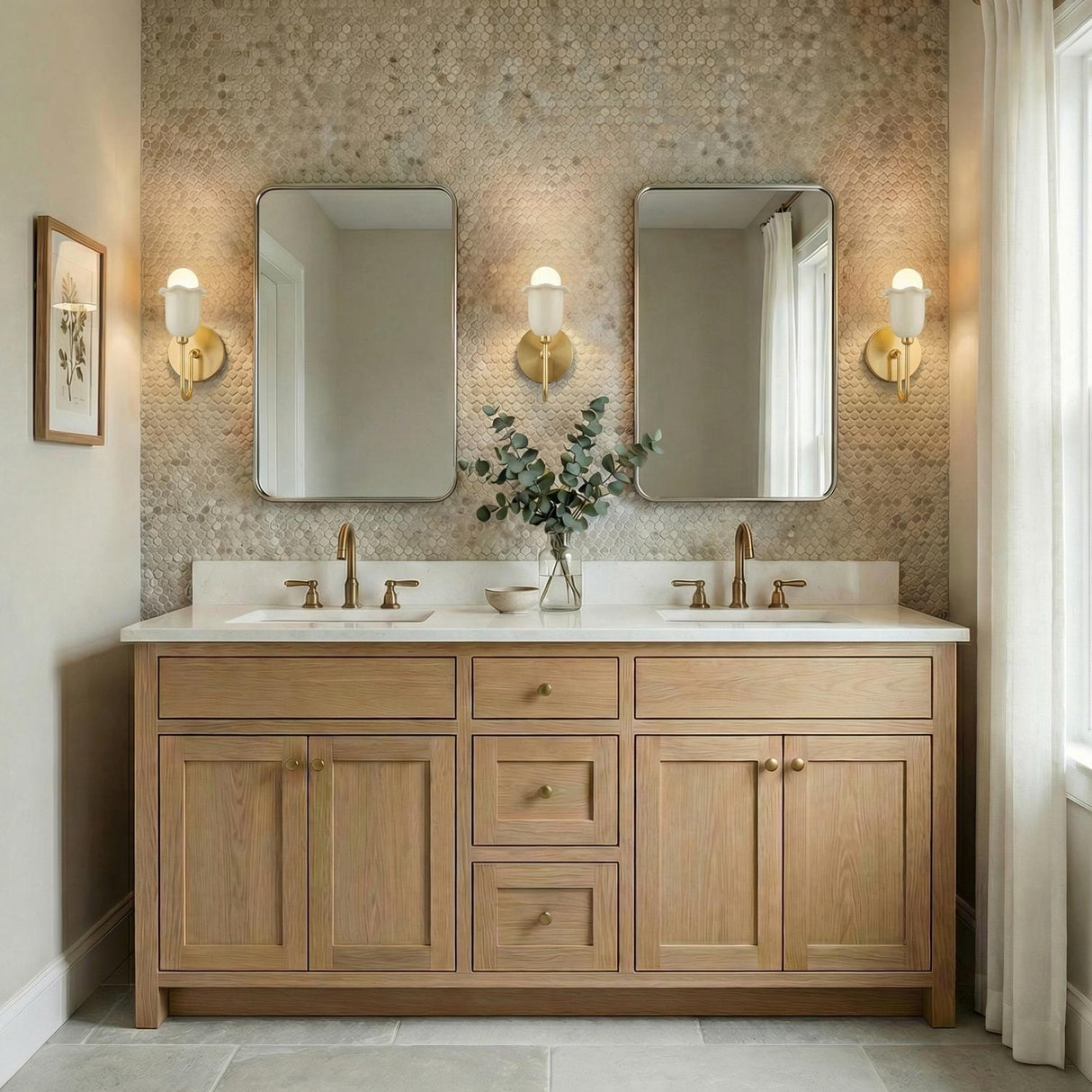 Adelaide Wall Sconce 9", Aged Brass and Antique Ivory Ceramic scalloped Wall Sconce in a Transitional Bathroom with a double vanity.