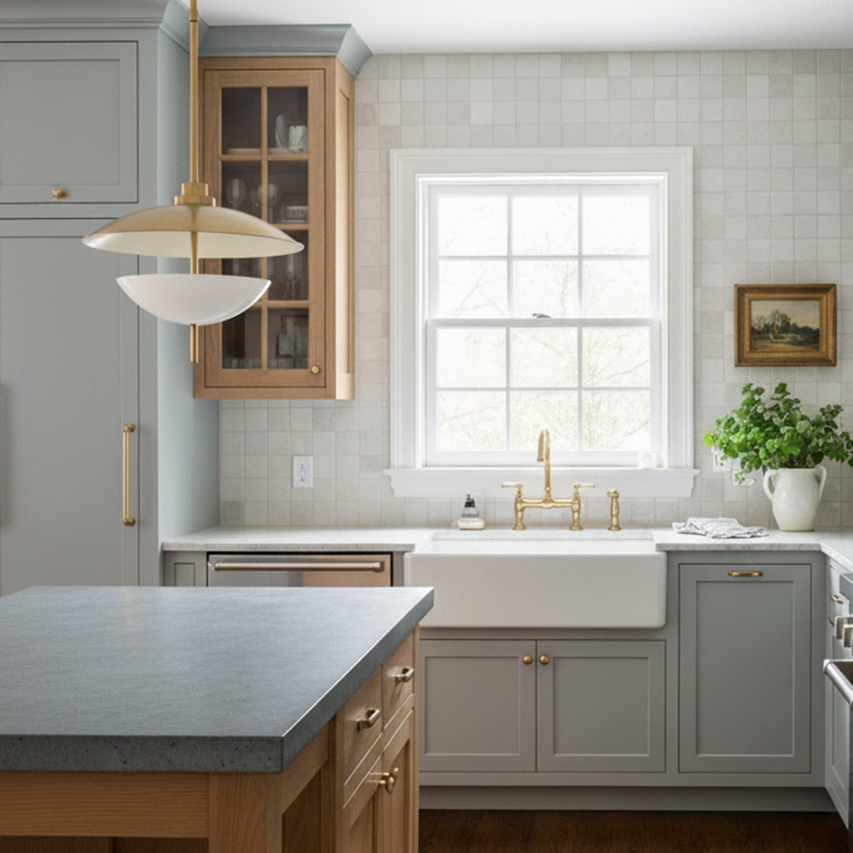 Irene Pendant 24", Patina Brass with Milk Glass for Modern Farmhouse home with Gray Cabinets