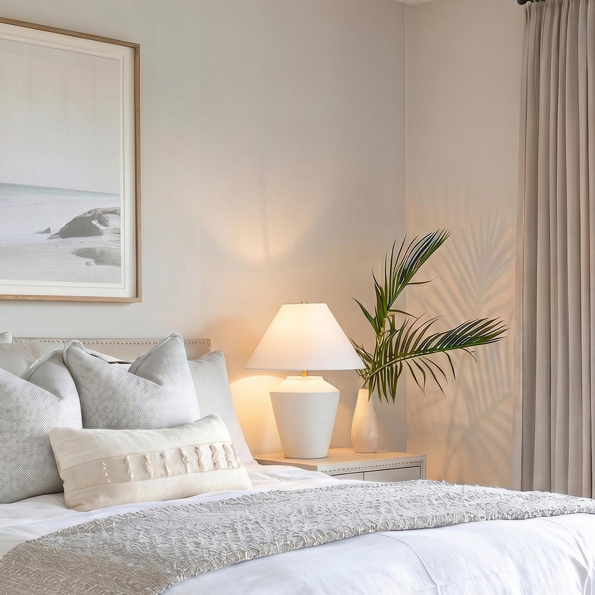 A coastal bedroom featuring the Calista Ceramic Table Lamp, Whitewashed Terracotta with a white linen shade on a nightstand beside textured pillows and framed beach photography.