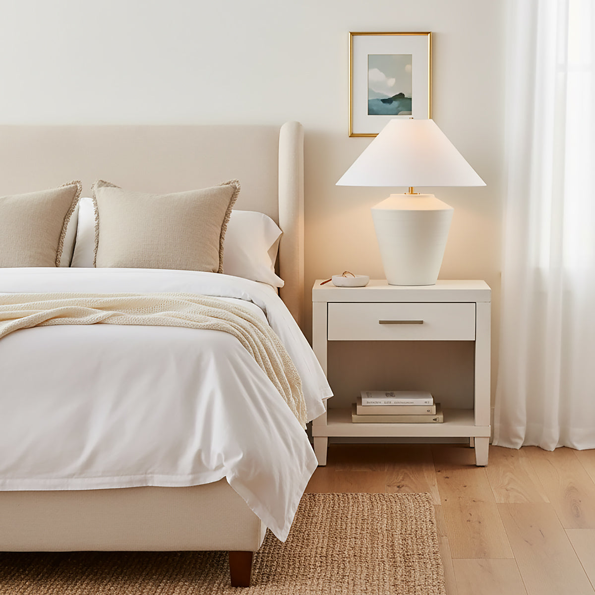 Calista Ceramic Table Lamp, Whitewashed Terracotta - Bedroom featuring a white table lamp on a nightstand