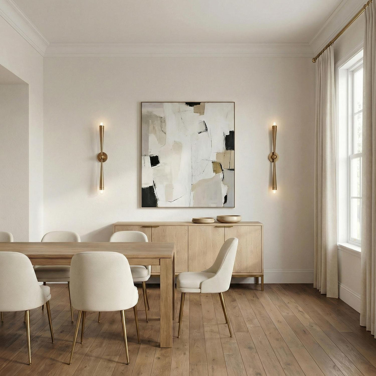 Camellia 2 Light Wall Sconce 34", Patina Brass linear wall sconce in a Contemporary Dining Room with an oak table and abstract art.