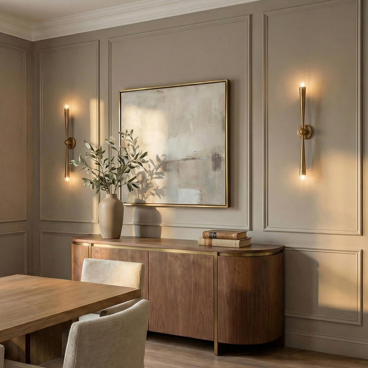 Camellia 2 Light Wall Sconce 34", Patina Brass linear Wall Sconce in a Transitional Dining Room with a walnut sideboard.