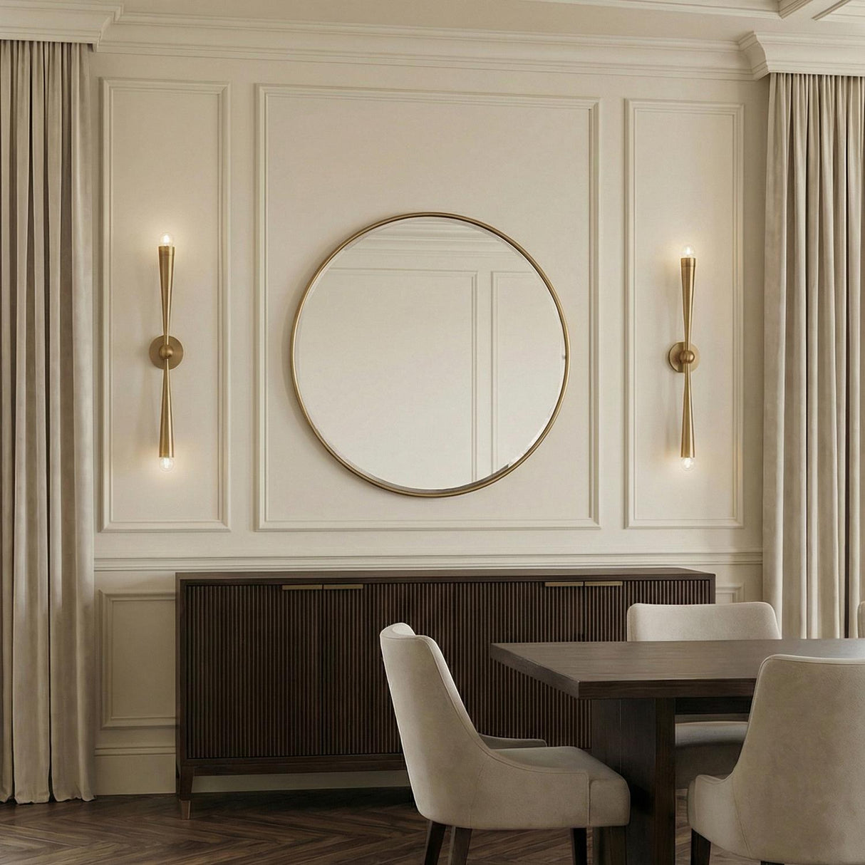 Camellia 2 Light Wall Sconce 34", Patina Brass linear design Wall Sconce in a Transitional Dining Room with a dark fluted sideboard.
