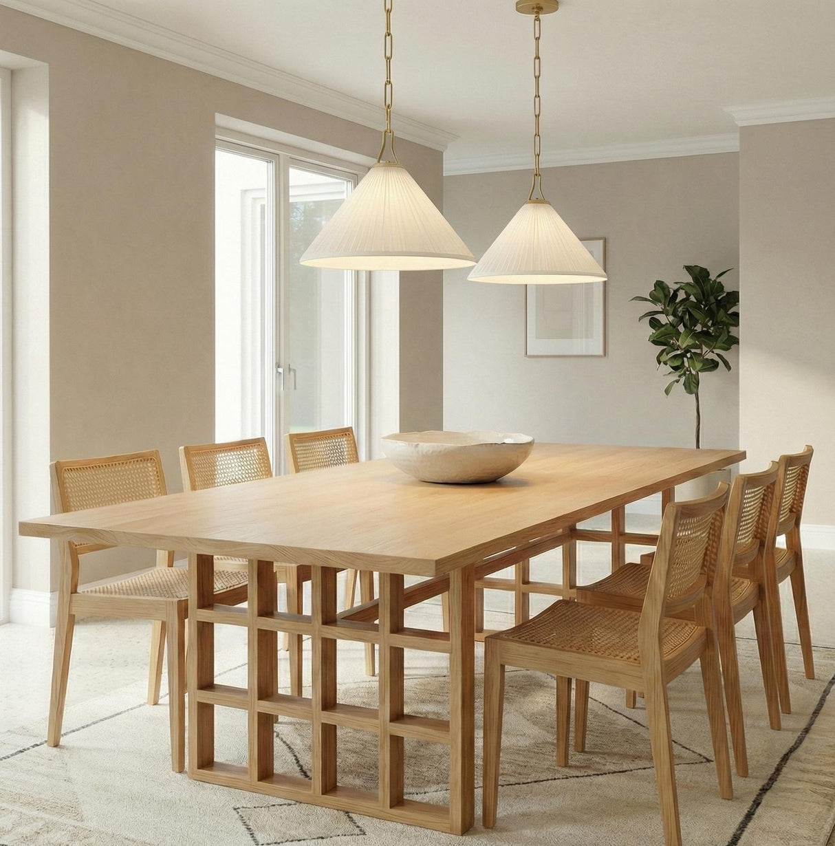 Charlotte Small Pendant 16", Aged Brass geometric pendant in a Transitional Dining Room with a light oak table and cane chairs.