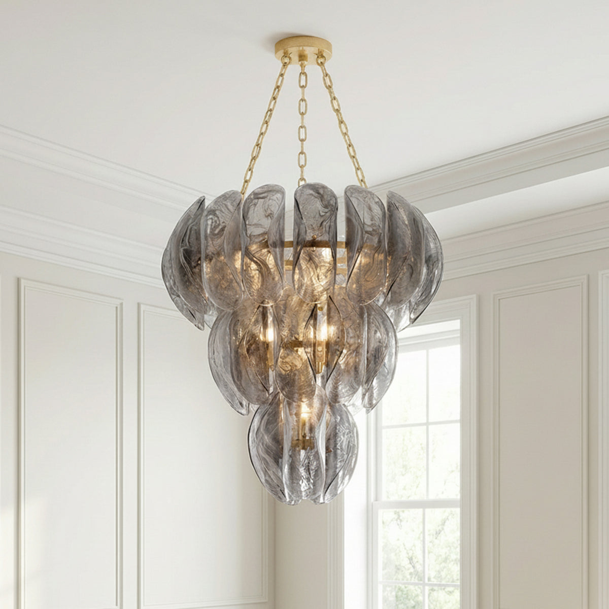 Vivian Chandelier 33, Gold Leaf and Smoke Glass for Transitional home with White Walls