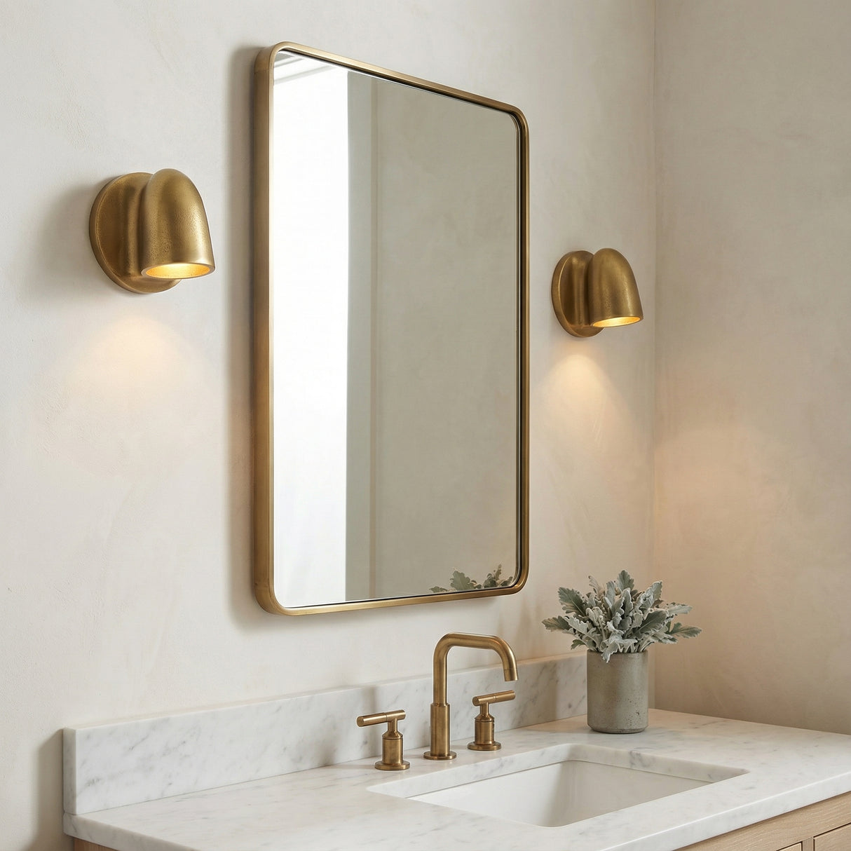 Magnus Wall Sconce 5, Textured Aged Brass for Modern home with Beige Walls