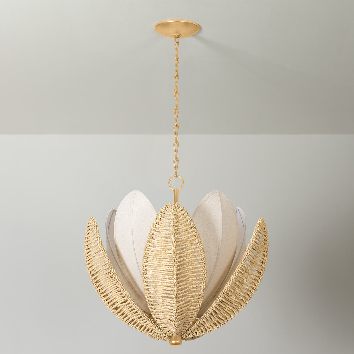 Gardenia Chandelier 24", Gold Leaf and Natural Beads