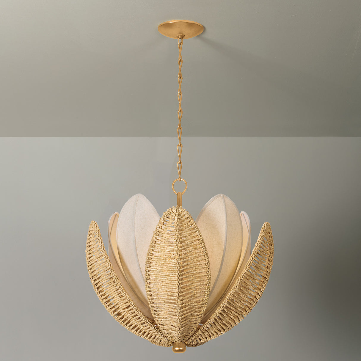 Gardenia Chandelier 24", Gold Leaf and Natural Beads