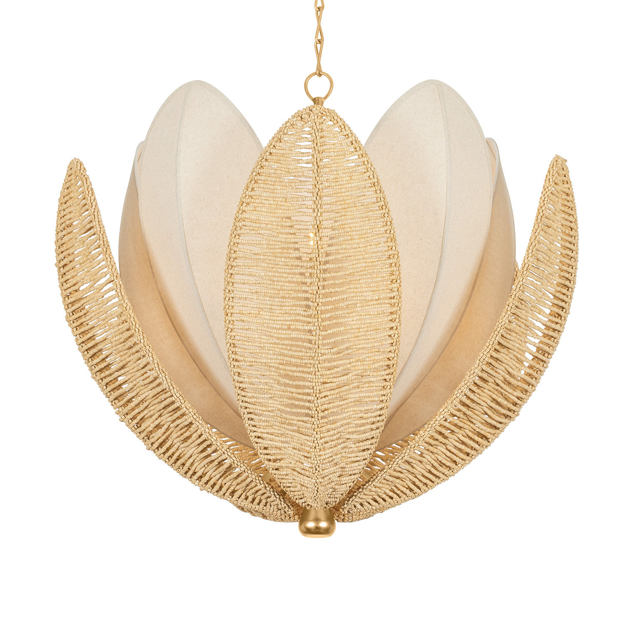 Gardenia Chandelier 36", Gold Leaf and Natural Beads