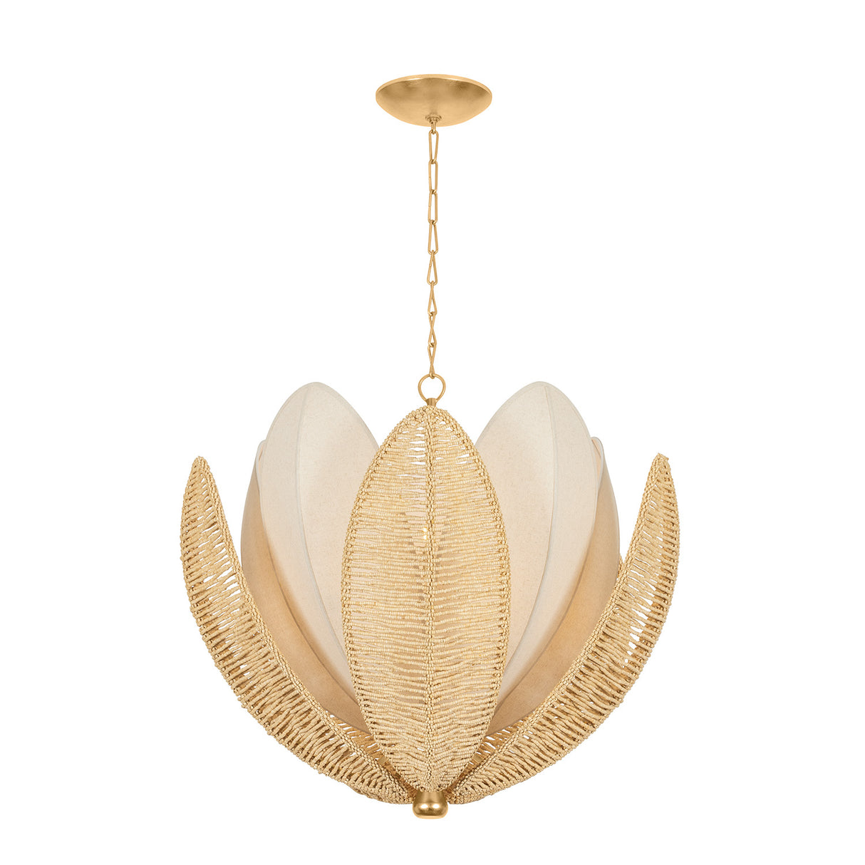 Gardenia Chandelier 36", Gold Leaf and Natural Beads