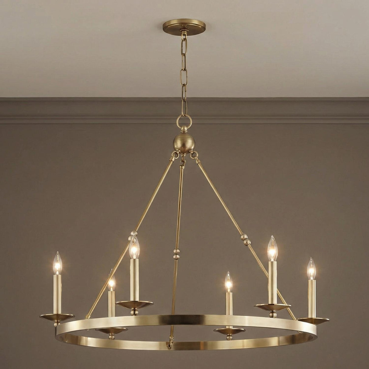 William 6 Light Ring Chandelier 36", Aged Brass geometric Chandelier in a Transitional Dining Room with taupe walls and crown molding.