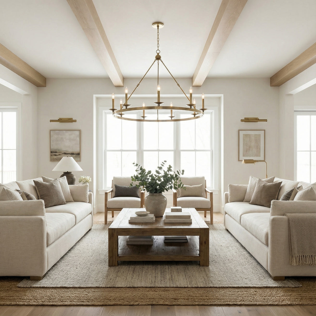 Classic 8 Light Ring Chandelier, Aged Brass geometric chandelier in a Transitional Living Room with neutral sofas and a rustic wood coffee table.