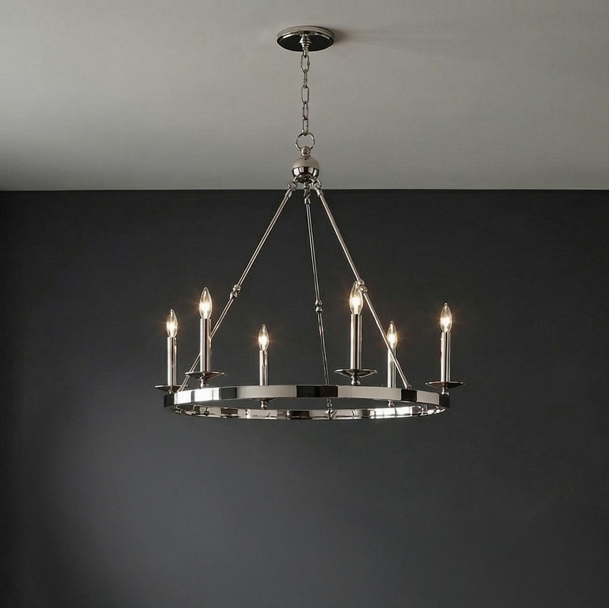 William 6 Light Ring Chandelier 36", Polished Nickel geometric chandelier in a Transitional Dining Room with a dark charcoal wall.