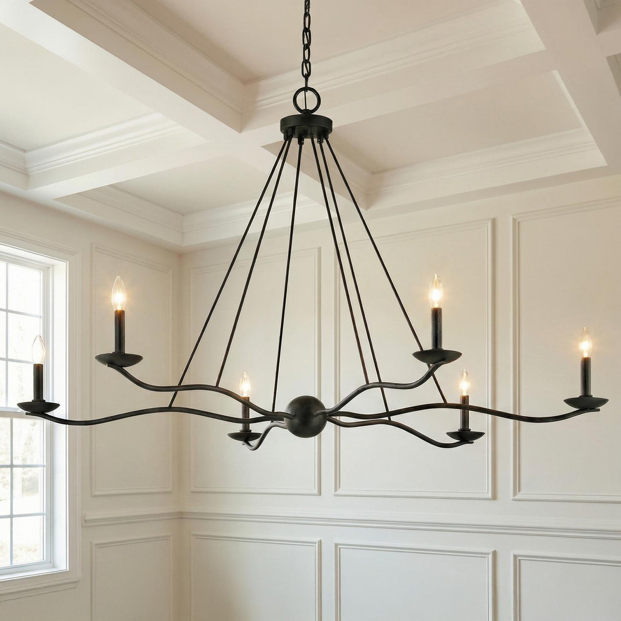 Tamsin 6 Light Chandelier 53", Forged Iron geometric Chandelier in a Transitional Dining Room with a coffered ceiling and wall molding.